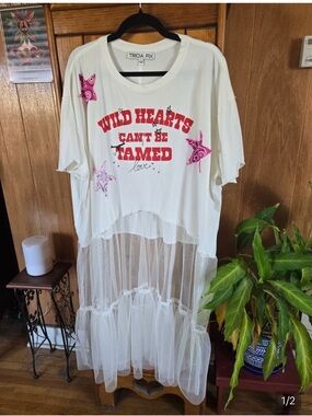 Free People x Tricia Fix White Mesh Tee with Red Graphic and Pink Accents